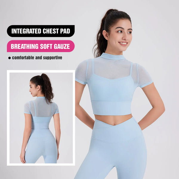 Mesh Yoga Clothes Flounced Sleeve Running Quick-drying With Chest Pad